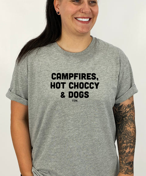 Campfires Hot Choccy & Dogs: Unisex T-Shirt - The Dog Mum