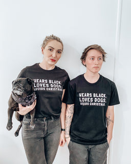 Wears Black. Loves Dogs. Avoids Christmas. Unisex/Mens T-Shirt - The Dog Mum